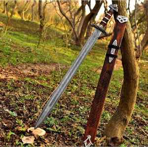 ดาบไวกิ้งเหล็กดามัสกัสพรีเมียมทำมือขายส่ง คุณภาพสูง สำหรับตั้งแคมป์กลางแจ้ง เอาตัวรอด ล่าสัตว์ พร้อมปลอกหนัง - Product Image 2