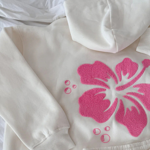 Sudadera con Capucha Extra Grande para Mujer, Color Blanco, con Diseño Floral Rosa en la Espalda, Manga Regular, Tejido de Algodón, Sudadera de Verano - Product Image 3