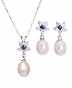 Perla cultivada de agua dulce barroca (9x7mm), zafiro (1/3 CT. T. W.) & Conjunto de collar y pendientes colgantes de flor de circonita cúbica - Product Image 1