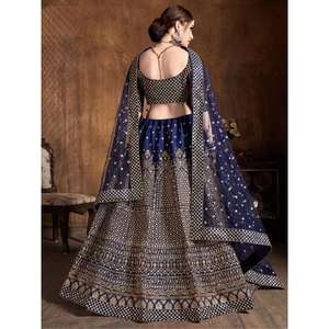 Adorable Lehenga Choli de seda cruda con lentejuelas azul marino con Dupatta para vestidos de Graduación - Product Image 3