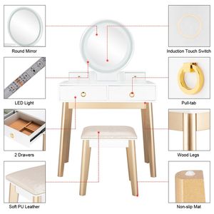 Elegante Set Toeletta in Legno Massello con Specchio Illuminato e Sgabello Imbottito, Finitura Bianco Champagne - Product Image 4