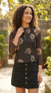 Blusa Henley de Manga Larga con Estampado Floral, Cierre de Botones al Frente, Corte Ajustado, Estilo Casual de Primavera, Tejido de Malla - Product Image 2