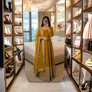 Heavy Faux Georgette Digital Print <b>Kurti</b> and Butter Silk Bottom Set Fancy Hand Work Ethnic Party Wear Full Stitched Outfit - Product Image 1