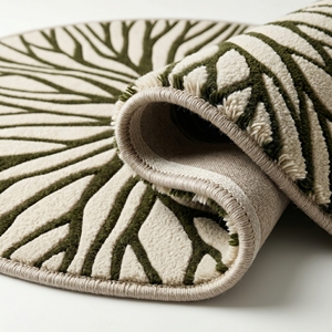Alfombra Redonda Hecha a Mano con Patrón de Raíz Orgánica, Alfombra Moderna de Lana Tufted, Color Marfil Verde Oliva - Product Image 4