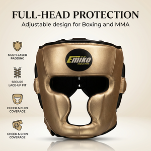 อุปกรณ์ป้องกันศีรษะสำหรับชกมวยหนังแท้ MMA สำหรับฝึกซ้อมและแข่งขัน  รับทำโลโก้ตามสั่ง ขนาดและสีทอง  ทำจากหนังแท้ - Product Image 1