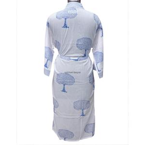 Bata Kimono Larga de Algodón 100% Ecológico para Mujer, con Estampado de Árboles Azules, Cuello en V y Manga Tres Cuartos, Ropa de Dormir Casual - Product Image 6