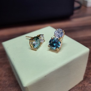 GRA Certified Round Cut <b>Blue</b> Green Color Moissanite <b>Studs</b> In Gold Plated 925 Silver Minimalist Fashion <b>Earrings</b> At Low Price - Product Image 4