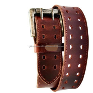 Ceinture décontractée en cuir marron au design personnalisé pour hommes avec coutures durables et solides et boucle antique à double broche robuste - Product Image 1