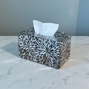 Luxury Black And White Floral Inlay Mother of Pearl Tissue Holder Ideal for Guest Room Welcome Setup and Hotel Suite Decor - Product Image 1