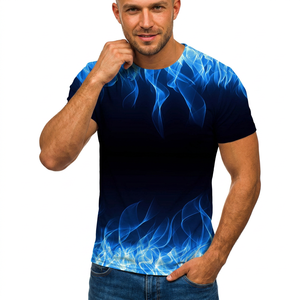 Men's Blue <b>Flame</b> Print T-<b>Shirt</b> O-Neck Short Sleeve Slim Fit Casual Wear Breathable Knitted Polyester Graphic Tee - Product Image 3