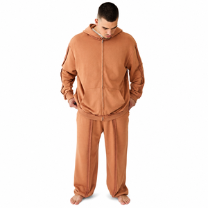Men's Orange Hooded Tracksuit Full Length Loose Fit Solid Color Sweat Set With Side Pockets Breathable Casual Wear Autumn Style - Product Image 3