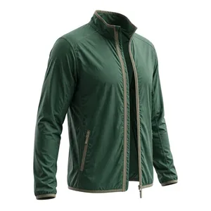 Veste décontractée pour homme en denim vert délavé, à fermeture éclair sur le devant, col rabattable, séchage rapide, coupe classique, couleur unie, pour l'automne - Product Image 2
