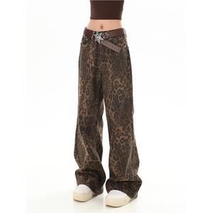 American Retro High Street Casual Overoles Estampado de leopardo Pantalones de pierna ancha sueltos para mujeres Y2k Hip-hop Cargo Grunge Pantalones holgados - Product Image 2
