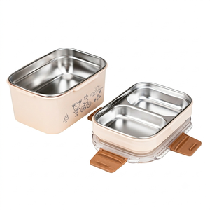 Boîte à lunch pour enfants en acier inoxydable, boîte bento à 2 compartiments avec couvercle, beige, lavable - Product Image 4