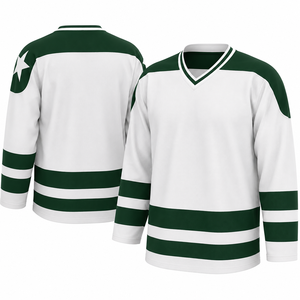 Camiseta de Hockey sobre Hielo Blanca y Verde para Hombre, Cuello en V, Manga Larga, Rayas, Transpirable, Poliéster, Logotipo del Equipo en la Manga Izquierda - Product Image 1