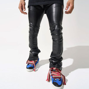 Pantalon moto slim noir en similicuir pour homme avec braguette zippée, taille mi-haute, style crayon uni - Product Image 1