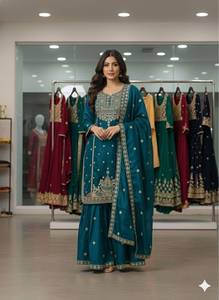 Ensemble de robe Sharara en soie brodée pour femmes avec dupatta, tenue traditionnelle indienne pakistanaise pour mariage, fête, Diwali - Product Image 2