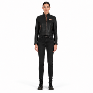 Blouson Moto Court en Cuir pour Femme, Cuir Nappa de Mouton, Ferrures Or Rose, Léger 220g, Style Streetwear Européen, Blouson de Motard Personnalisé OEM - Product Image 1