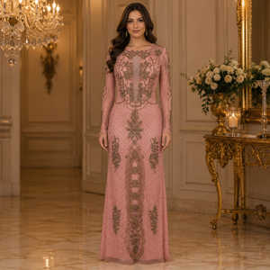 Vestido de Noche Largo de Lujo Color Rosa Rubor con Adornos para Mujer, Vestido Maxi con Cuentas y Mangas Largas, Elegante Vestido Formal para Fiesta, Boda o Recepción - Product Image 3
