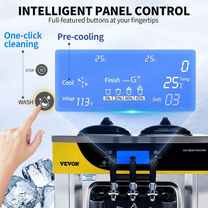 2200W Commercial Countertop Ice Cream Maker 22-30L/H Soft Serve Machine 2x6L Hopper 2L Cylinder LCD Panel Puffing Shortage Alarm