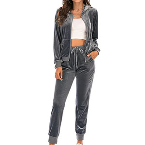 Women's Gray <b>Velour</b> Eco-friendly 100% Cotton <b>Tracksuit</b> Hooded Drawstring Full Sleeve Casual Jogger Pants Set Solid Color Winter - Product Image 2