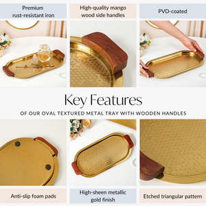 Bandeja de Servir Moderna Multifuncional con Diseño Floral en Metal Dorado, Plato para Postres de Boda, Asas de Madera, Texturizado, Decorativo, Artesanal - Product Image 5