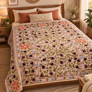 Drap de lit en coton Suzani fait main par un artisan, beige olive mocha, broderie florale, style ethnique indien bohème, couvre-lit pour la maison - Product Image 1