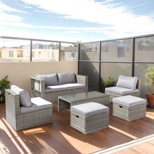 2pcs Armless Sofa 2pcs Footstool 1pcs Double Sofa 1pcs Coffee Table <b>Storage</b> Set Gray Gradient Rattan <b>Cushion</b> Garden Furniture - Product Image 2