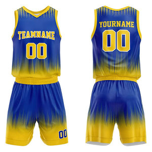 ชุดบาสเก็ตบอลพิมพ์ลายตามสั่ง สีน้ำเงินเหลือง คอวี แขนกุด เสื้อและกางเกงขาสั้น ทรงสปอร์ต ยูนิเซ็กซ์ ผ้าสี่ทางยืดได้ - Product Image 1
