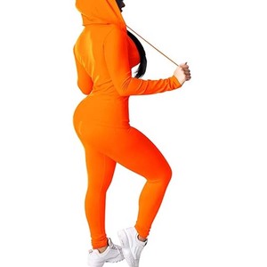 Combinaison longue à capuche orange pour femme, taille haute, coupe ajustée, en spandex et polyester respirant, style streetwear - Product Image 4