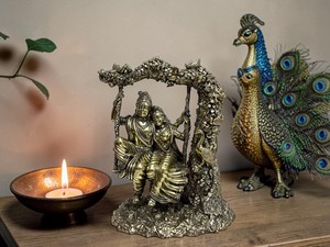 Handcrafted Brass Radha Krishna Swing <b>Statue</b> Wax Casting Jhula Idol Home Temple Decor - Product Image 3