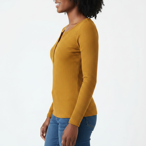 Chemise côtelée Henley à manches longues pour femme, col à revers boutonné, coupe ajustée, tricot extensible, vente en gros OEM en usine - Product Image 3