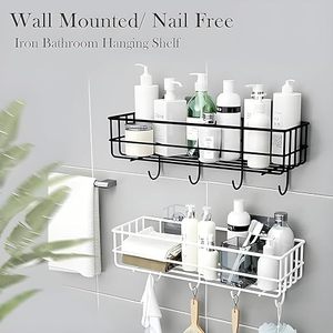 Étagère de rangement murale en métal pour salle de bain avec crochets, double niveau, support auto-adhésif pour articles de toilette, design minimaliste - Product Image 4