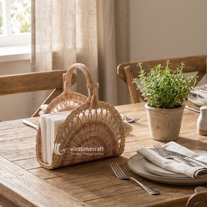 Vintage Rattan Napkin Holder Luxury Wicker Semi-Circle Tissue Holder Handle Eco-Friendly Multifunctional Tabletop <b>Paper</b> Caddy - Product Image 4