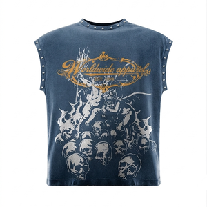 100% cotton T-shirt <b>for</b> <b>men</b> loose fit printed 240 GSM Washed Cotton Sleeveless Graphic Tee <b>Studded</b> Shoulder Custom Logo - Product Image 1