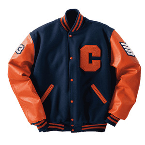 Veste varsity bleu marine pour homme, patchwork, manches en PU orange, logo brodé lettre C sur le devant, style preppy, écologique - Product Image 1