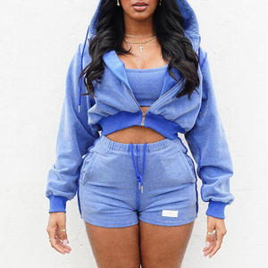 Conjunto de 2 piezas para mujer, azul, con top corto con capucha y cremallera, pantalones cortos de lona ecológica de secado rápido, ropa de gimnasio, primavera-verano, ajuste holgado hasta la rodilla, color liso. - Product Image 1