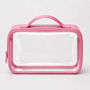 Sac de toilette personnalisé rose transparent pour la salle de bain |   Sac de voyage transparent pour cosmétiques avec fermeture éclair et poignée, étiquette privée OEM |   Lavable et durable - Product Image 3