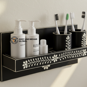 ชั้นวางของติดผนังลายดอกไม้สีดำพร้อมงานฝังกระดูกดำแบบพรีเมียม ชุดอุปกรณ์ห้องน้ำทำมือ ชั้นวางของติดผนังลายดอกไม้สีดำพร้อมงานฝังกระดูกดำ - Product Image 5