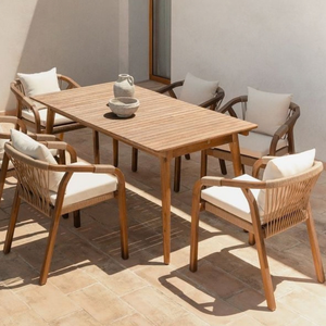 Juego de comedor de madera para exterior de 6/8 plazas con mesa y sillas con cojines, OEM ODM, muebles tropicales para patio de hotel, Vietnam. - Product Image 4