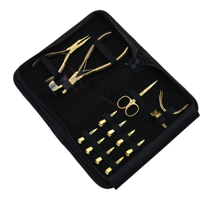 Kit d'outils pour extensions capillaires Salon Gold : Pinces à extensions, Pince pour extensions adhésives, Outil de retrait de micro-perles, Aiguilles courbées, Ciseaux à fils - Product Image 1