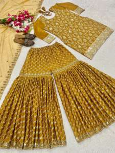 Conjunto especial para el mes de Eid y Ramadán, compuesto por Kurti de tela suave con bordado propio hasta la rodilla, Sharara Plazzo y Dupatta, para mujeres o niñas. - Product Image 4