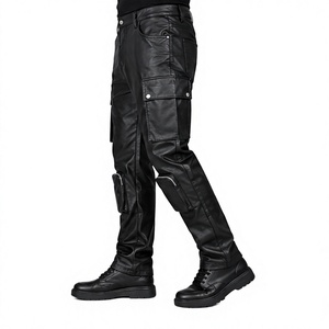 Pantalon de motard décontracté multi-poches coupe slim de haute qualité en cuir véritable, style punk hip-hop pour hommes - Product Image 6