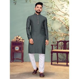 WEDDING COLLECTION PURE VISCOS by <b>NYLON</b> 100% <b>COTTON</b> <b>FABRIC</b> WITH SEQUENCE and THREAD WORK KURTA+PYJAMA GREY APPAREL GARMENT - Product Image 1