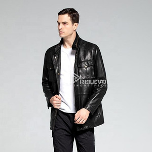 Black Men's Genuine <b>Leather</b> <b>Winter</b> Bomber <b>Jacket</b> with Stand Collar Front Logo Zipper Closure RELEVO INDUSTRY Spandex Lining - Product Image 3
