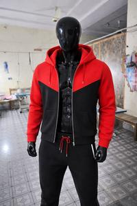 ชุดวอร์มผู้ชายสีแดงดำตัดกัน ชุดเซ็ตเสื้อฮู้ดซิปเต็มตัวพร้อมกางเกงจ็อกเกอร์ ทรงเข้ารูป สวมใส่สบาย เหมาะสำหรับออกกำลังกาย เล่นกีฬา วิ่ง และฝึกซ้อม - Product Image 6