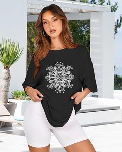 <b>Women's</b> Black Crew Neck <b>Short</b> <b>Sleeve</b> T-<b>Shirt</b> With <b>White</b> Mandala Print Loose Fit Casual Spring Summer Cotton Jersey Top - Product Image 5