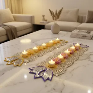 Chemin de table Diwali fait main avec mosaïque de miroirs, porte-bougie Diya floral, décoration bohème pour la maison, tissu écologique de luxe pour baptême - Product Image 1