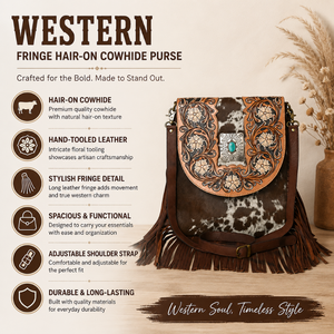 Sac bandoulière artisanal en cuir de vachette à poils, style western, motif floral, avec franges vintage, sac messager pour femme - Product Image 5
