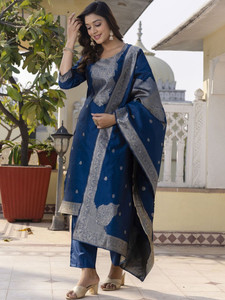 Teal Silk Embroidered <b>Kurta</b> Set With Dupatta Traditional <b>Indian</b> Wedding Wear Women Knee-Length Regular Fit Diwali Dress - Product Image 3